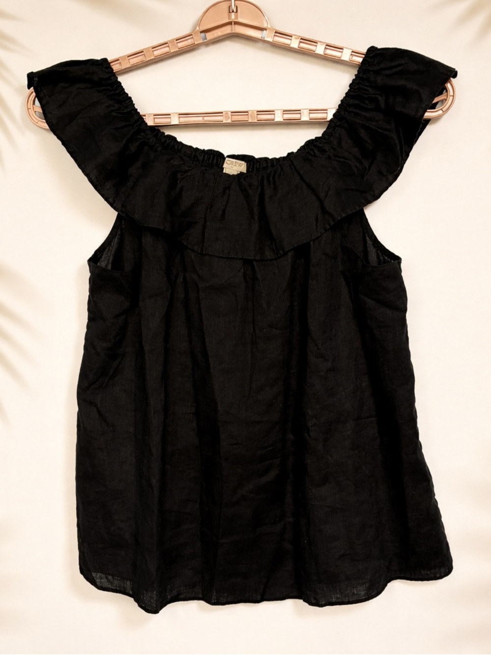 J Crew Black Sleeveless Ruffle Neck Tank Top Sz XL 100% Linen Black Feminine NWT
